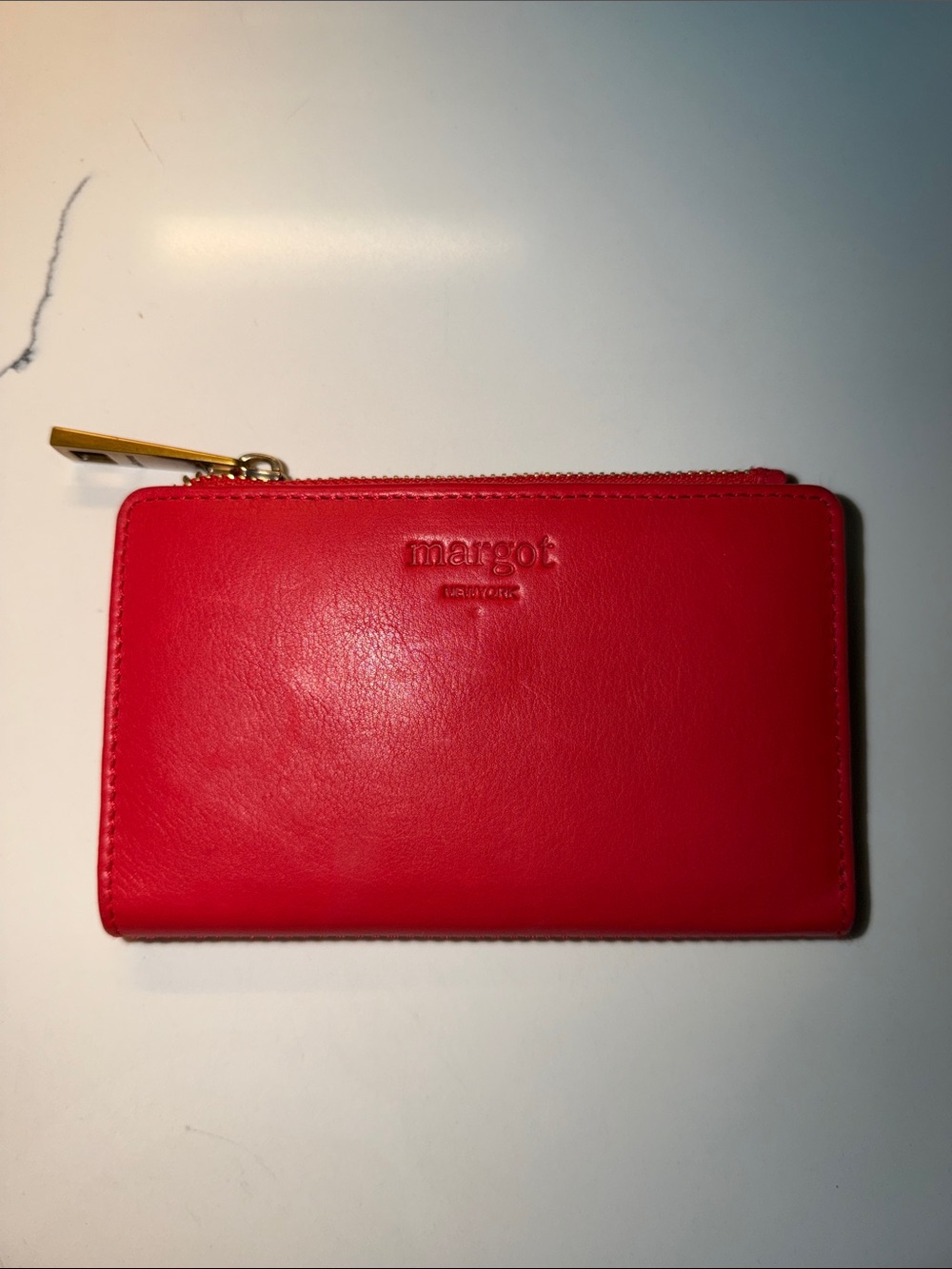 margot Bright Red Leather Zip Card Wallet with Gold Hardware